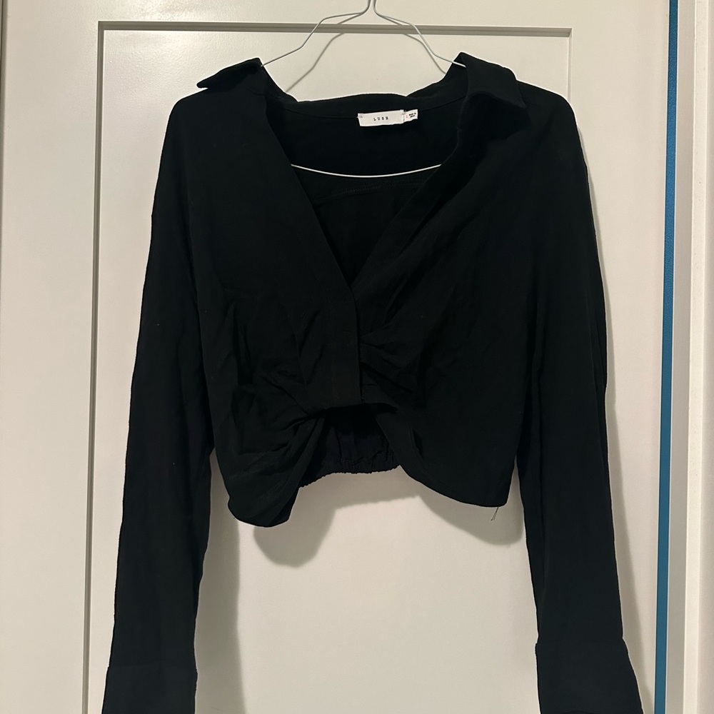 Lush Black Cropped Twist-Front Blouse